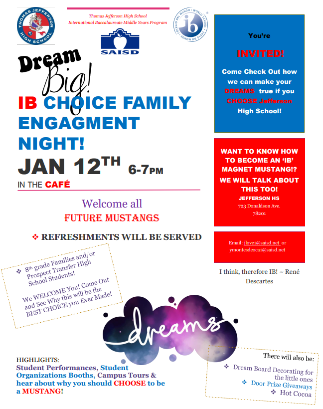 IB Choice Family Engagement Night Jan 12 6-7pm in the Cafeteria